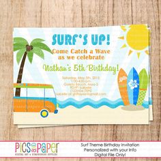 a surfboard and bus birthday party card with the words, surf's up come catch a wave as we celebrate nathan's 5th birthday