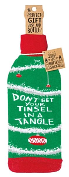 a bottle with a tag on it that says don't get tinsel in a tangle