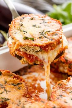 a close up of food being lifted from a casserole dish by a fork