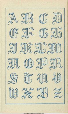 an old fashioned type of calligraphy in blue ink on white paper with the letters and numbers