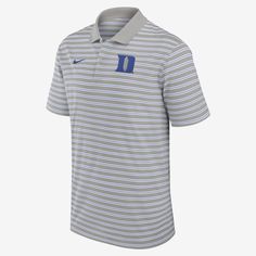 the nike dri - fit striped polo shirt is shown in grey and blue stripes