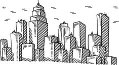 a black and white drawing of a cityscape with skyscrapers in the background