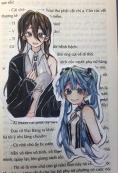 an open book with two anime characters on the front and back pages, one in black and white