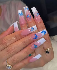 French Tip Nails With Butterfly Design, Birthday Nails Butterfly, Blue Coffin Nail Ideas, Butterfly French Tip, Butterfly Nail Designs, French Tip Acrylic Nails