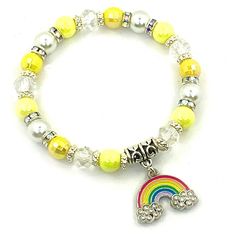 "Rainbow Bracelet, Beaded Rainbow Bracelet, Rainbow Jewelry, Personalized Gifts for Little Girls, Jewelry for Kids, Rainbow Charm Bracelet ----- This sparkly, shimmery and bright rhinestone rainbow charm bracelet will light up someone's wrist! It's made with 8mm acrylic and glass beads, white glass pearls, and includes some lovely stardust shimmer beads. It's perfect for little girls and/or their moms alike! Shown here with yellow beads {other colors available, just ask}. INCLUDES: 🌸 One yellow Beaded Rainbow, Jewelry For Kids, Kids Rainbow, Bracelet Rainbow, Rainbow Jewelry, Rainbow Bracelet, Jewelry Personalized, Animal Earrings, White Rainbow