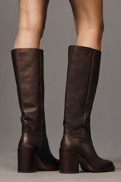 Leather upper, insole, sole Pull-on styling Imported | Porsha Boots by Silent D in Brown, Women's, Size: 41, Leather at Anthropologie Brown Fall Boots Outfits, Black Or Brown Boots, Brown Women’s Boots, Wide Boots For Women, Brown Leather Winter Platform Boots, Styling Brown Boots, Fall Tall Boots, Non-slip Brown Leather Boots