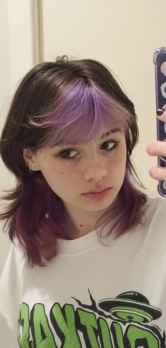 Dyed Hair With Brown Hair, Short Hairstyles Dyed Hair, Underdye Hair Color Ideas, Wolfcut Purple Highlights, Bottom Half Dyed Hair Purple, Dyed Bangs Purple, Short Brown Hair Dye Ideas, Short Brown Hair With Purple Tips, Dyed Hair For Brunettes Short