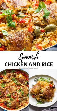 spanish chicken and rice collage with text overlay