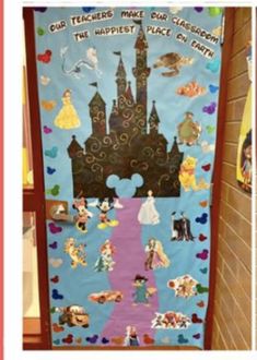 a door decorated with disney's castle and princess silhouettes