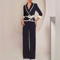 This Nwt Lan Ting Suit Is Made Of Stretch Chiffon With White Accent Piping. The Jacket Has A Double Snap Closure With A Faux Bow, A Shawl Collar, And Three Quarter Length Sleeves. The Pants Have A Back Zipper Closure, A Straight Leg, And Are Lined. Measurements (In Inches) Pit To Pit- 17, Length-18 1/2, Sleeve-16, Pants Waist (Side Seam To Side Seam)-15, Inseam-29, Pants Length-41. K Dress Formal Elegant, Bride Pantsuit, Brides Mom, Mother Dresses, Two Piece Jumpsuit, Jumpsuit Online, Mother Of The Bride Dress, Moda Vintage, Elegant Shirt