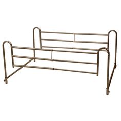 a metal bed frame with two rails on each side and one rail at the top