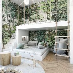 a living room filled with lots of furniture and plants on the wall behind it is a loft bed surrounded by greenery