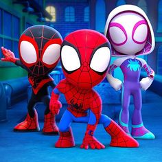 the animated spider - man and his friends are standing in front of a blue background