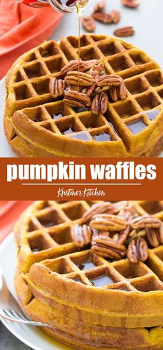 pumpkin waffles with maple syrup being drizzled over them on a white plate