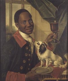 a painting of a man holding a wine glass with a dog on the table next to him