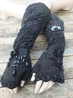 Victorian / Goth custom fingerless gloves from Poland Victorian Goth, Lace Gloves, Wrist Warmers, Nuno Felting, Wrist Cuffs, Vintage Embroidery