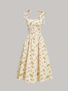 Jaune citron Bohème Collar   Floral,Plantes,Tout Imprimé  Embellished Pas de l'extensibilité Cute Summer Dresses Long, Summer Sundresses Women, 40s Mode, Yellow Sundress, Sundresses Women, Long Sundress, Elegant Dresses Classy, Everyday Fashion Outfits