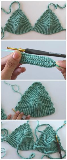 the crocheted triangle is being worked on