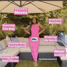 a woman in a pink dress standing next to a couch with the words moving on it