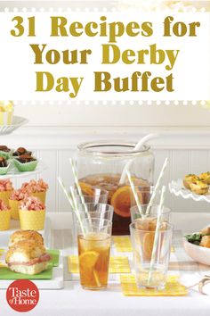 the cover of 3 recipes for your derby day buffet, with drinks and snacks on the table