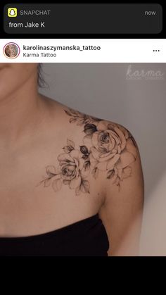 a woman's chest with flowers on it and the words karoliassymaka tattoo