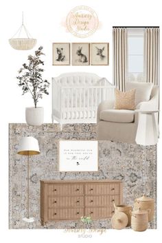 a baby's room is shown with neutrals and beiges, including the crib