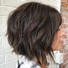 Bob Haircuts For Women Stacked, Angled Bob Hairstyles With Bangs, Short Shaggy Bob Choppy Layers, Razored Bob, Layered Bob With Bangs, Brunette Bob, Choppy Bob Haircuts, Textured Haircut, Thick Wavy Hair