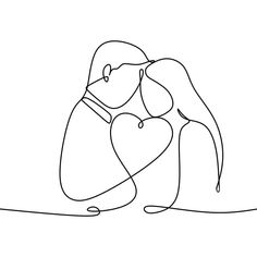 continuous line drawing of two people hugging each other with a heart on their chest and one holding the other's hand