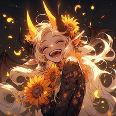 an anime character with sunflowers on her head