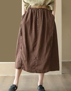 Women's Buckles Summer Linen Skirt — Obiono Non-stretch Brown Skirt With Pockets, Non-stretch Brown Cotton Skirt, Casual Brown Solid Color Skirt, Brown Skirt With Pockets For Summer, Brown Summer Skirt With Pockets, Brown Cotton Summer Skirt, Summer Cotton Brown Skirt, Brown Skirted Bottoms For Summer, Casual Brown Skirt With Buttons