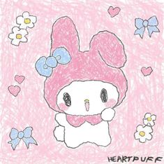 a drawing of a little bunny wearing a pink hat and bow tie with flowers in the background