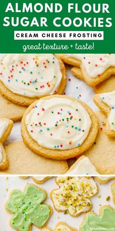 some cookies with frosting and sprinkles on them are shown in the foreground