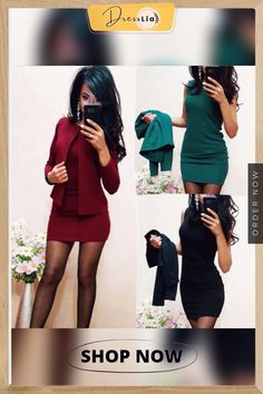 Women Pure Color Round Neck Pullover Long Sleeved Jacket Short Dress Suit Long Sleeve Mini Dress For Fall Office Wear, Long-sleeved Outerwear For Office Wear, Long Sleeve Mini Dress For Winter Workwear, Winter Workwear Mini Dress With Long Sleeves, Office Lady Winter Dresses Mini Length, Office Lady Style Mini Dress For Winter, Knee-length Spring Office Outerwear, Knee-length Spring Outerwear For Office, Stretch Long Sleeve Party Blazer