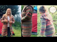 two pictures of a woman wearing a multicolored knitted cardigan and jacket