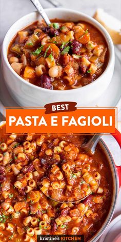 pasta e fagioli in a white bowl with the title overlay reads best pasta e fagioli