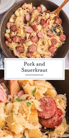 some food that is in a pan and on the table next to other dishes with text overlay reading pork and sauerkraut