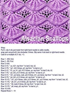 the knitting pattern for an afghan shawl is shown in purple