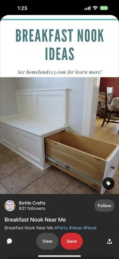 the app shows an image of a bed with drawers in it and text that reads breakfast nook ideas