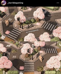 an aerial view of a city street with trees and flowers on the sidewalks, cars driving down the road