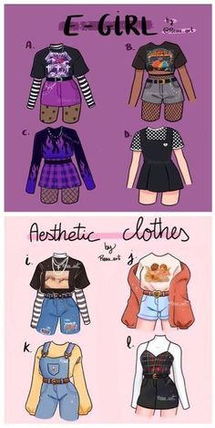 four different types of clothes for girls with the names e - girl and aestrete