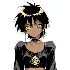 an anime character with yellow eyes and black hair, wearing a cropped bra top