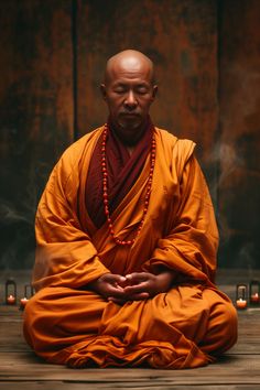 a man sitting on top of a wooden floor wearing an orange robe and beaded necklace