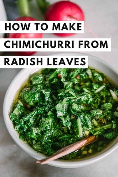 a white bowl filled with greens and chopsticks next to an radish