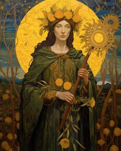 a painting of a woman with sunflowers on her head and holding a staff