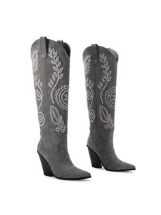 [ SIZE ]: Heel Height is 10 cm/3.94".
[ MATERIAL ]:  The jersey lining inside the boot is very soft, breathable, comfortable comfort for long wear. Faux suede upper will be modern and advanced when it matches any outfits.
[ DESIGN ]: Knee high womens cowboy boots with a unique embroidery design, this cowgirl boots will be an indispensable fashion item.
[ OCCASION ]: Knee high boots is perfect the western boots anywhere, country side music festival, line dancing, wedding, western theme party, rod Fall Floral Embroidered Snip Toe Boots, Fall Floral Embroidery Snip Toe Boots, Fall Embroidered Round Toe Heeled Boots, Trendy Embroidered Winter Boots, Embroidered Heeled Boots With Round Toe For Fall, Embroidered Round Toe Heeled Boots For Fall, Winter Embroidered Heeled Boots With Round Toe, Spring Embellished Boots With Round Toe, Embroidered Closed Toe Summer Boots