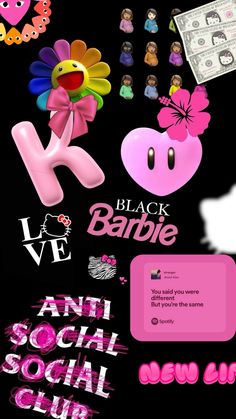 an image of the back side of a black background with pink and purple items on it