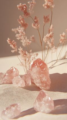 A stylish bedside table featuring small pink quartz crystals (5-10 cm), elegantly arranged with a soft beige background and a minimalist aesthetic. Embrace love and tranquility. No text! Hyper-realism!