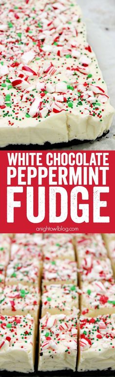 white chocolate peppermin fudge is cut into squares and stacked on top of each other