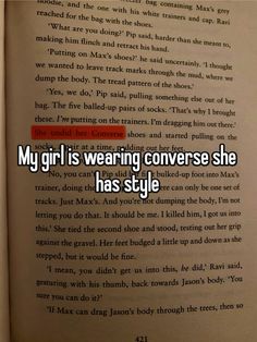 an open book with the words my girl is wearing converse she has style