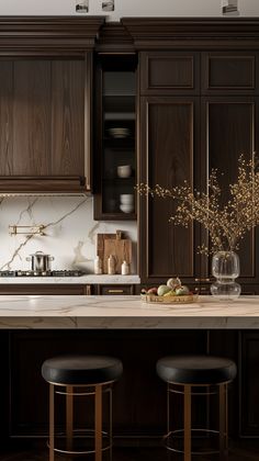 Timeless kitchen with dark walnut cabinets and marble backsplash. AI generated image using Midjourney. #ai #midjourneyai #midjourney #interiordesign #aiarchitecture #ai #aiart #dreamhome #kitcheninspiration #kitchendesign #archdaily #kitchengoals #dreamkitchen #traditionaldesign #architecturelovers #interiordesign #archilovers #architecturemagazineter #organic #luxuryhomes #architecturephotography #aiarchitecture #midjourney #midjourneyarchitecture #designmidjourney #aihub Dark Wood Marble Kitchen, Dark Moody Kitchen Cabinets, Dark Wood And Marble Kitchen, Dark Walnut Cabinets Kitchen, Dark And Wood Kitchen, Dark Wood Cabinet Kitchen, Dark Wood And White Kitchen, Dark Walnut Cabinets, Dark Wood Cabinets Kitchen